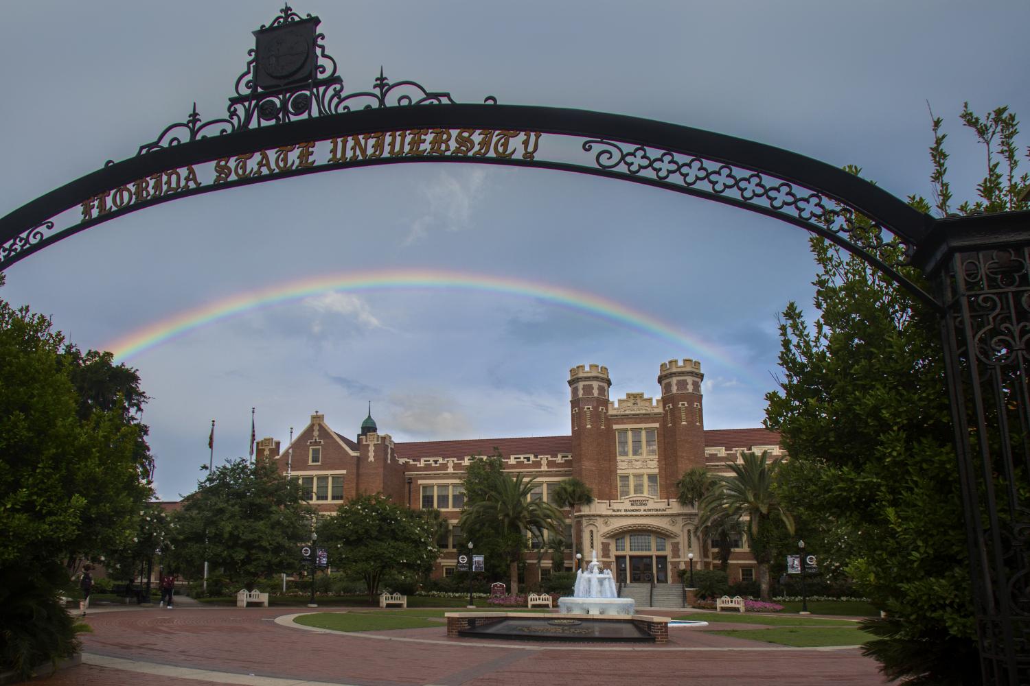 "A scenic shot of the FSU Westcott Building centered around the Westcott fountain""